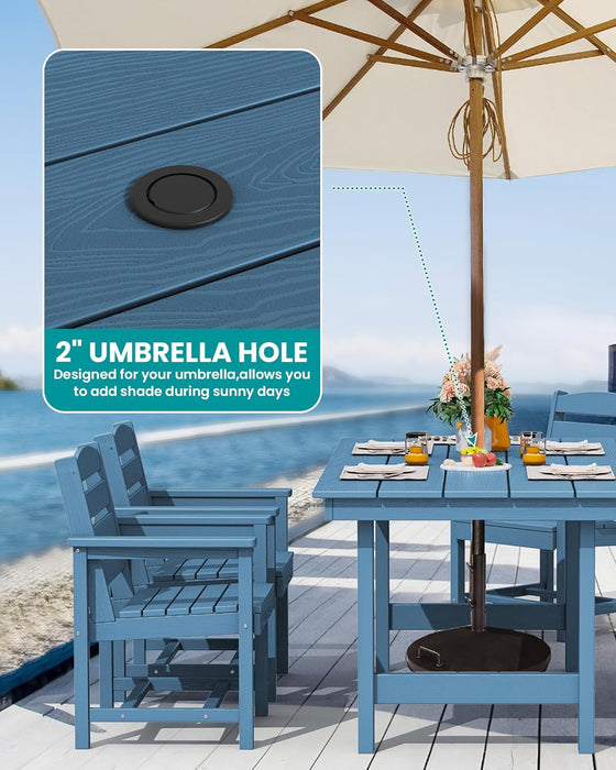 7-Piece Patio Dining Table Sets, Outdoor HDPE Dining Furniture Set with Umbrella Hole Cut-Out Table and 6 Chairs, Blue