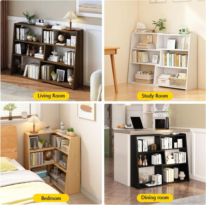 Wooden Extendable Shelf Bookcase - 3-Tier Ladder Low Short Bookshelf for Small Space or Corner, Dark Walnut, S