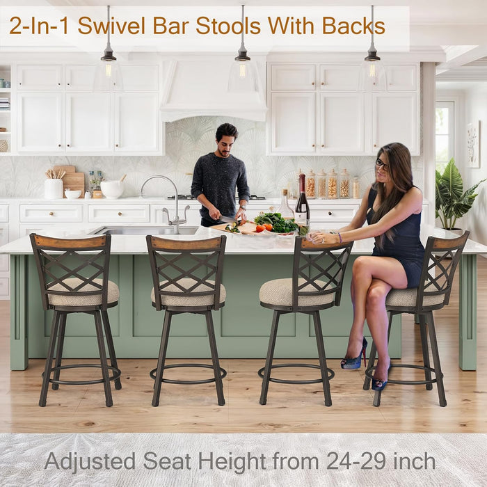 Swivel Bar Stools Set of 2, 25/30 Inch Adjustable Beige Fabric Bar Chairs with Antique Brass Frame, Mid-Century Counter Barstools with Back for Kitchen Island
