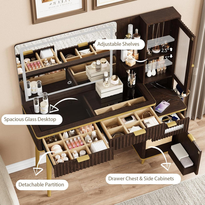 Fluted Makeup Vanity Desk with Mirror and Lighits, 48" Modern Glass Top Vanity Table with Charging Station, Vanity Mirror with Adjustable Brightness, Dressing Table for Bedroom, Dark Walnut