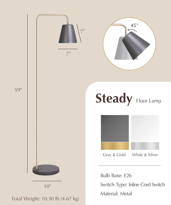 Steady Brass Floor Reading Lamp – Adjustable Standing Lamp with Solid Base, Reading Lamps Floor Standing, Grey Reading Floor Lamp for Living Room or over Chair Use