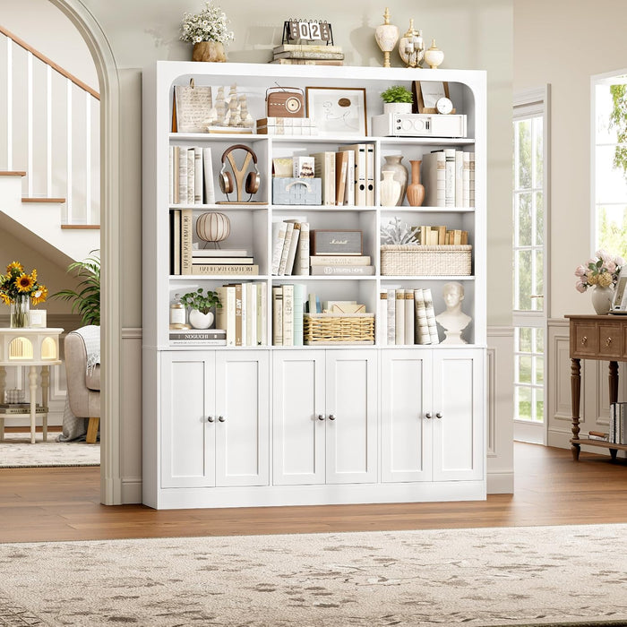 70.9" Bookcase Tall Bookshelf with Doors, Triple Wide Bookshelves | White Large Bookshelf with 10 Display Shelves, 6-Tier Tall Bookcases with Storage Cabinet, Adjustable Shelf, for Living Room