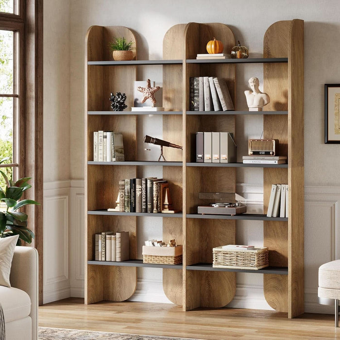 5-Tier Farmhouse Bookshelf, 70.87-Inch Tall Double Wide Bookcase with Open Shelves, Vintage Floor Standing Book Shelf (1, Brown+Black)