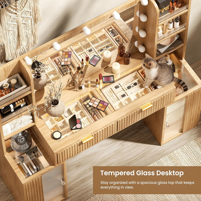 56'' Fluted Makeup Vanity Desk with Large 36" Mirror & Hollywood Bulbs, Smart RGB Lights, Glass Top Vanity with 8 Open Shelves, 2 RGB Drawers & Acrylic Cabinets, Big Vanity with Charging Station, Oak