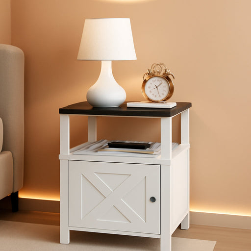 Farmhouse Nightstand with Charging Station, White Bedside Table with Usb&Type-C Ports and Outlets, End Table with Storage, Night Stand for Bedroom, White and Black ETBW96E01
