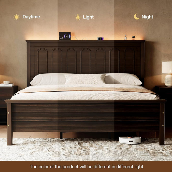 Queen Size Bed Frame with Tall Headboard, Mid Century Modern Wood Platform Bed with Charging Ports and LED Lights, Solid Wood Slat Support, No Box Spring Needed, Easy Assembly, Walnut Brown