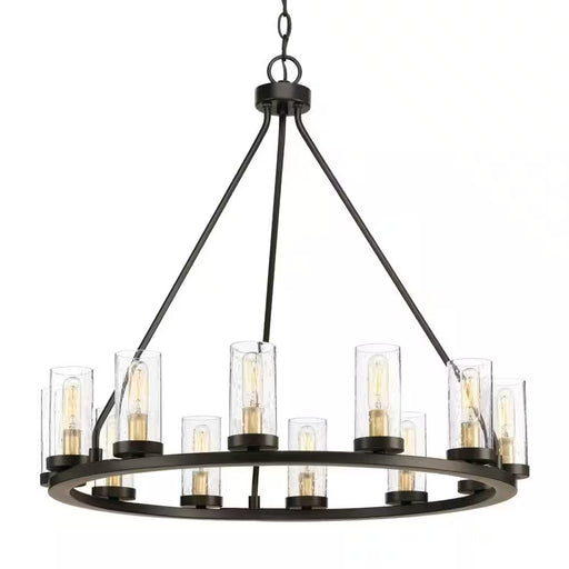 Hartwell 27 In. 12-Light Antique Bronze Farmhouse Wagon Wheel Chandelier with Clear Seeded Glass and Brass Accents