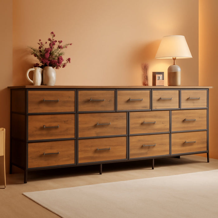 77.6" Long Dresser for Bedroom, 16 Drawer Fabric Dresser for Closet, Wide Chest of Drawers with Storage, TV Stand for 65, 75, 85 Inch TV, 77.6" W X 13" D X 26.4" H, Rustic Brown