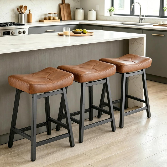 Counter Height Bar Stools Set of 3, 24 Inch Barstools for Kitchen Island | Heavy Duty Metal Base with 4 Inch High-Density Foam Faux Leather Saddle Seats, Kichen Home Bar Dining Room, Brown