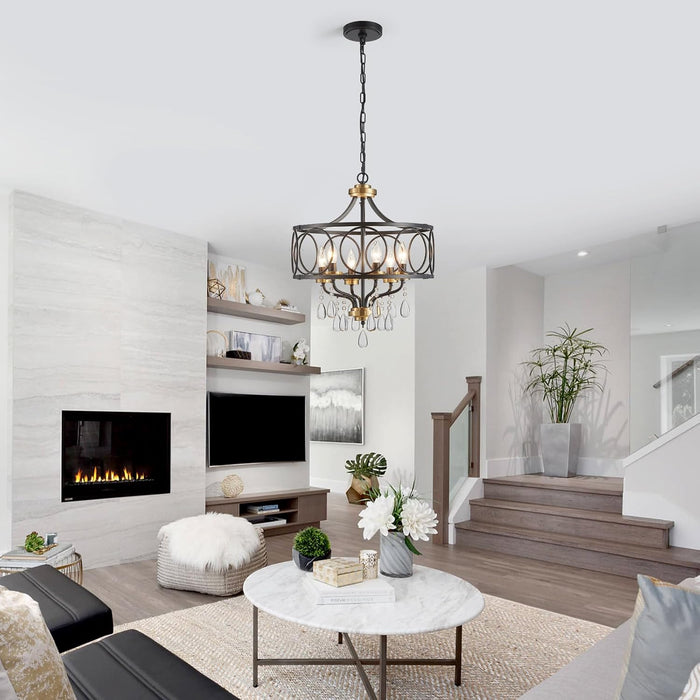 Crystal Chandeliers for Dining Room,17.7" Black and Gold 6 Lights Hanging Pendant Lighting Fixture Metal Farmhouse Chandelier for Kitchen Island Entryway Living Room