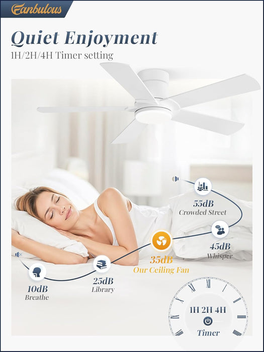 Ceiling Fans with Lights and Remote, 42 Inch Low Profile Flush Mount Ceiling Fan,White Modern Ceiling Fan with LED Light for Bedroom Indoor Outdoor-5 Reversible Blades, 3CCT, 6 Speeds, Timer