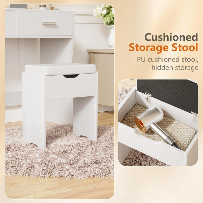 Makeup Vanity Desk with Large Lighted Mirror，35.4 Inch Makeup Vanity Table with 2 Drawers，Soft-Padded Storage Stool，3 Lighting Modes Available, Suitable for Bedrooms（White）