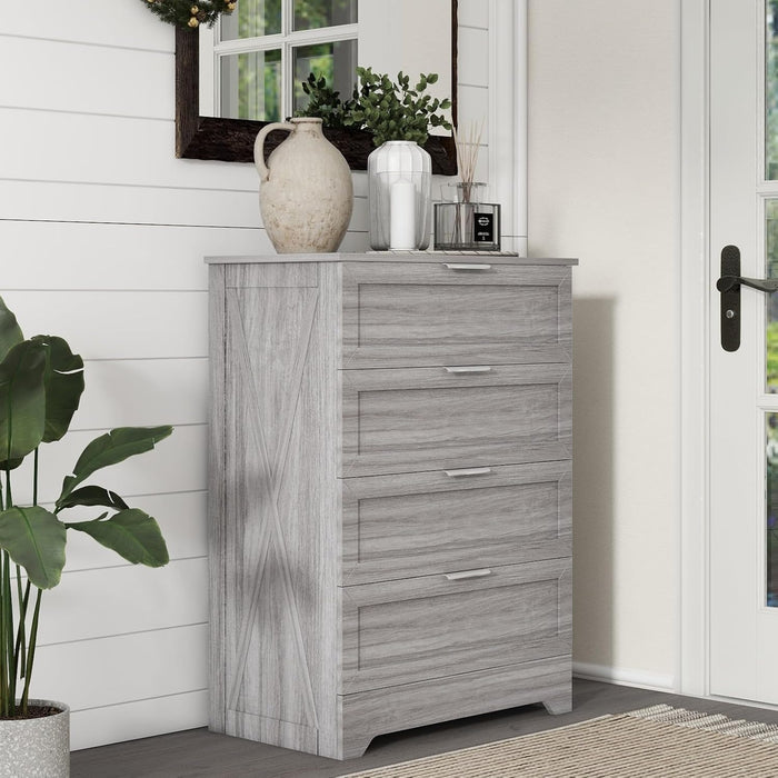 Farmhouse 4 Drawer Dresser for Bedroom, Tall Bedroom Dresser with Large Drawer & Silver Handles, Wooden Storage Organizer Cabinet Chest of Drawer for Closet, Living Room, Hallway, Wash Grey