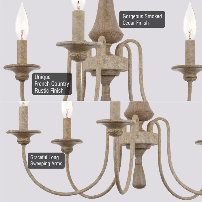 Sherbrooke 24" 5-Light French Country Chandelier, Distressed Wood Grain Metal Candle Chandelier, Smoked Cedar Wood and Rustic Metal Finish