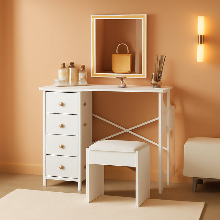 Vanity Desk No Mirror, Small Makeup Vanity with 4 Fabric Drawers, White Dressing Table for Small Spaces, 35.4 Inches Girls Makeup Table Bedroom