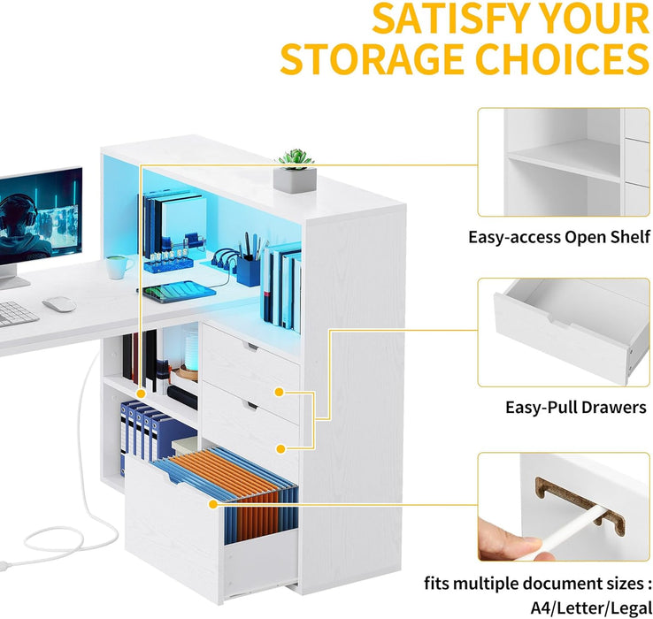 L Shaped Desk with Drawers, 55" Corner Computer Desk with Bookshelf & Power Outlets & LED Lights, Home Office Desk with Storage Shelves, White