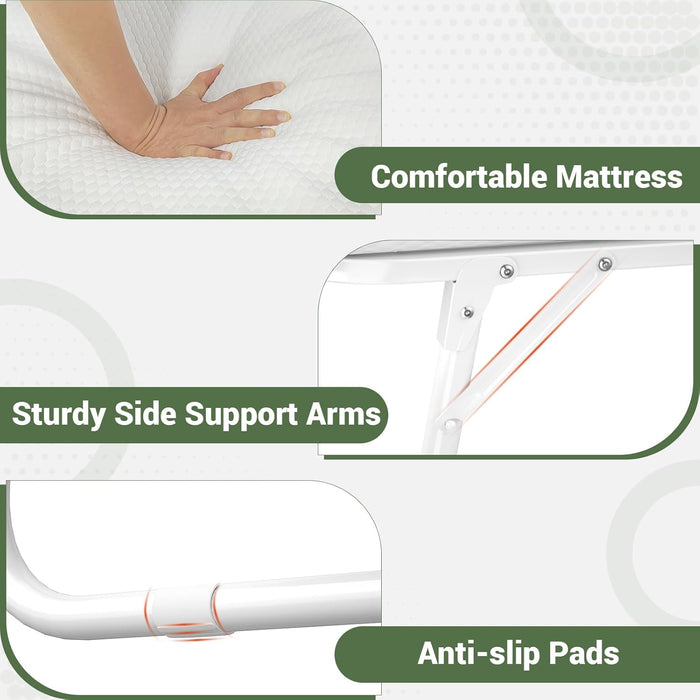 Folding Bed with Mattress for Adults, 75" X 31" Cot Size Portable Rollaway Guest Bed with Memory Foam Mattress and Metal Frame on Wheels, Space-Saving Foldable Design, White