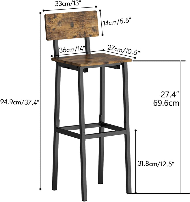 Set of 2 Bar Stools, Tall Bar Stools with Backrest and Footrest, Tall Bar Chairs, Industrial Style Counter Height Bar Stools for Dining Room, Kitchen, Bar Rustic Brown