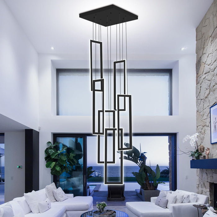 Black 6 Rings Rectangular Chandeliers LED Dimmable
