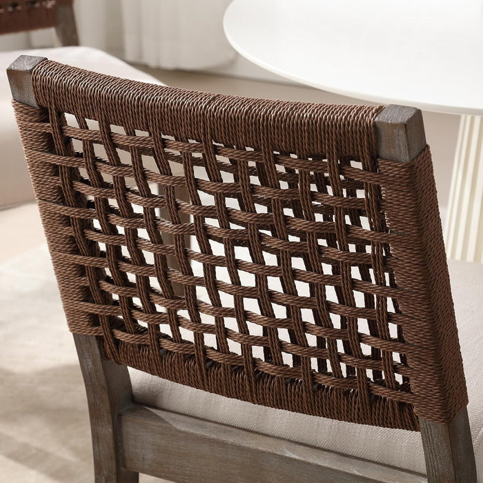 Farmhouse Dining Chairs Set of 2 Linen Fabric Upholstered Accent Side Chair, Mid Century Modern Kitchen & Dining Room Chairs with Woven Rope Back for Home, Living Room, Bedroom - Beige