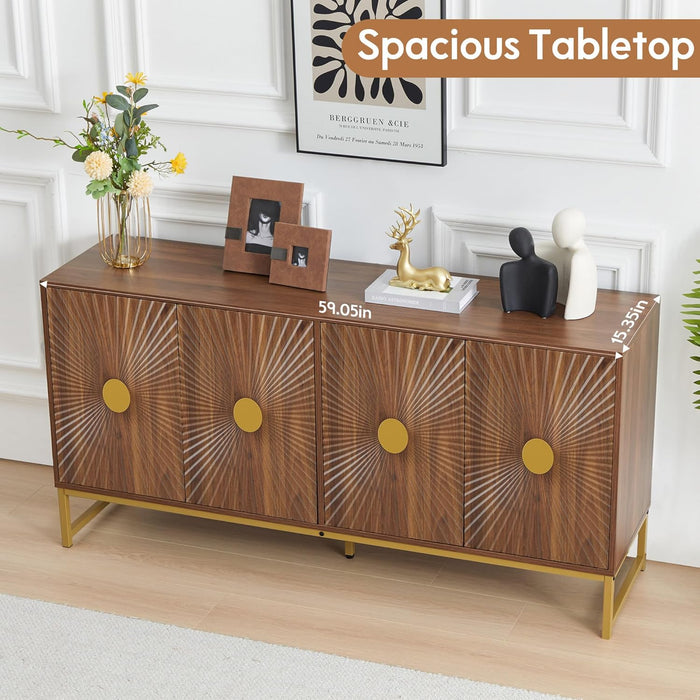 Sideboard Buffet Cabinet with Storage, Luxury Kitchen Storage Cabinet with 4 Doors and Adjustable Shelves, Accent Coffee Bar Buffet Table for Kitchen Dining Room (Walnut)