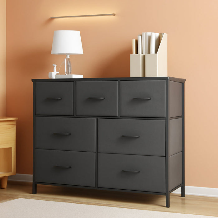 Dresser for Bedroom, 7 Storage Drawers, Anti-Tip Wide Fabric Closet Chests Organizer Tower Furniture, TV Stand for TV up to 45 Inch with Wooden Top Metal Frame for Clothes, Living Room