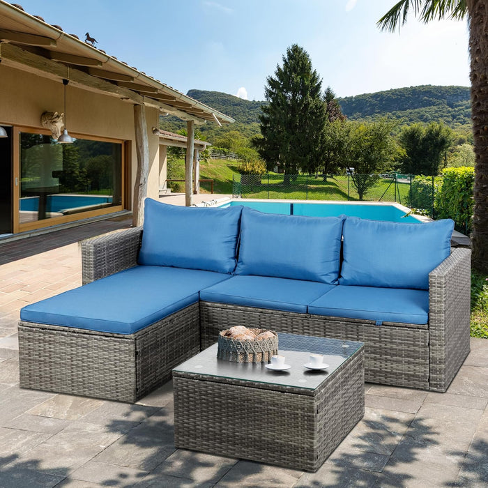 Outdoor Patio Furniture Sets, Small Outdoor Sofa Patio Sectional Sets 3-Piece All Weather Wicker Rattan Patio Seating Sofas with Glass Coffee Table and Cushion (Blue)