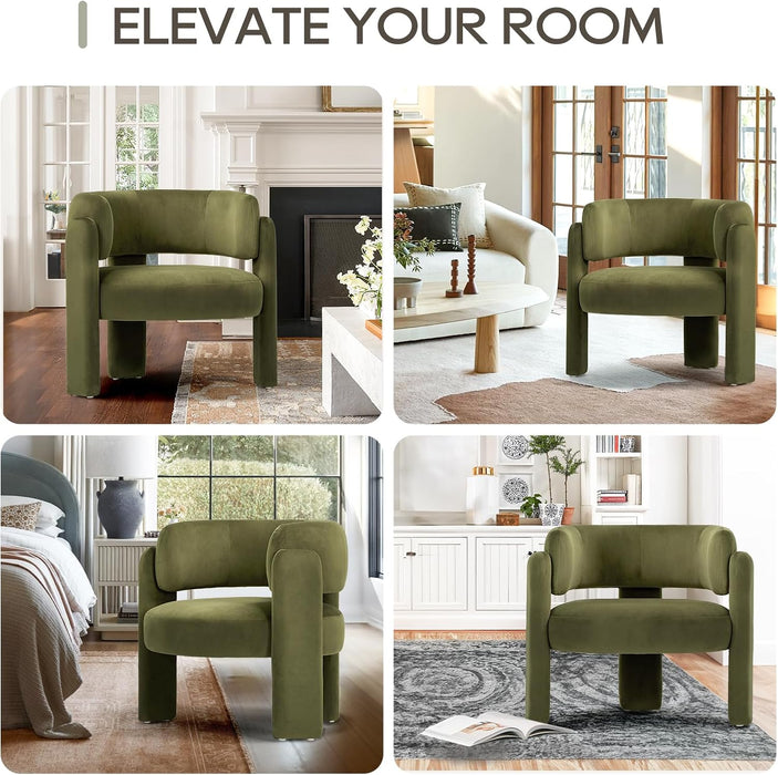 Modern Velvet Accent Chair Set of 2, Upholstered Barrel Chairs, Comfy Side Arm Chairs with 3 Legs for Living Room, Bedroom, Reading, Green