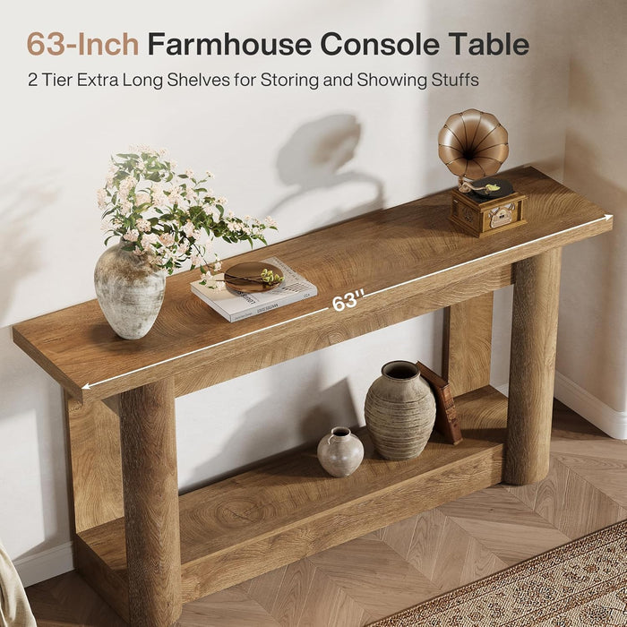 63-Inch Farmhouse Console Table, 2-Tier Storage Sofa Table behind the Couch, Narrow Long Entryway Furniture for Home Hallway, Entrance, Living Room, Brown