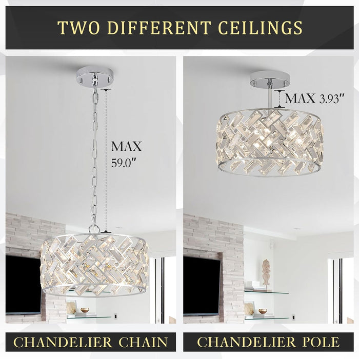Chrome Crystal Chandeliers, 4-Light Modern Semi Flush Mount Ceiling Light, D12'' Small round Crystal Hanging Pendant Light Fixtures for Dining Room Kitchen Island Entryway Hallway