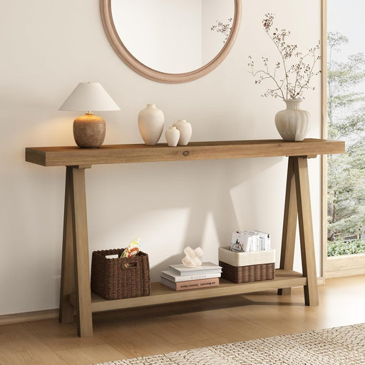 Solid Wood Console Tables - 63" Pinewood Farmhouse Rustic Hallway Table, Foyer Tables Living Room, Solid Firwood Sofa Table for Entryway, Brown