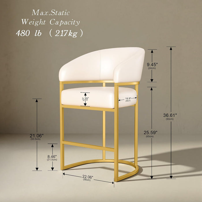 Modern Counter Height Bar Stools,Bar Stools Set of 3,PU Leather Upholstered Barrel Barstools with Backs,26" Kitchen Island Chairs,Metal Gold Frames,Support 480 Lbs,Beige White Leather