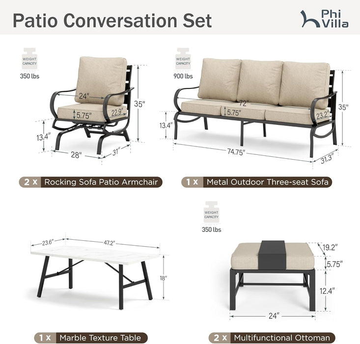 6 Piece Patio Furniture Sets with 1X 3-Seat Deep Seating Bench Sofa, 2 C-Base Sofa Chairs, 2 Metal Cushioned Ottoman and & 1 Coffee Table, Deluxe Outdoor Patio Set for 5-7 Person