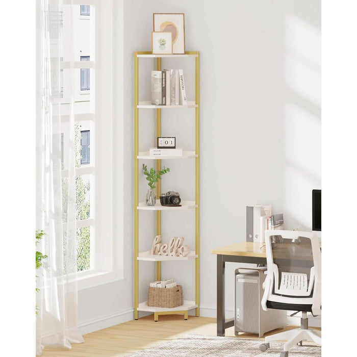 Corner Shelf Stand, Corner Bookshelf, Storage Standing Shelf Unit with Metal Frame, Plant Stand, Corner Bookcase for Living Room, Home Office, Bedroom, 6-Tier White Gold CS06003A