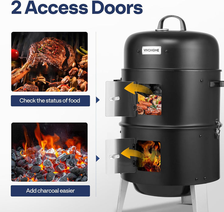 3-In-1 Vertical Charcoal Smoker, BBQ Smoker Grill with Built-In Thermometer, Air Vent, and 2 Access Doors, Idea for Parties, Backyard, Barbecues