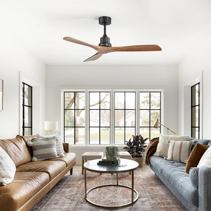 Wood Ceiling Fan No Light, Walnut, 52" Ceiling Fan without Light, Flush Mount, Modern Solid Wood 3 Blade Ceiling Fans with Remote for Indoor Farmhouse Bedroom Living Room Outdoor Patio Porch