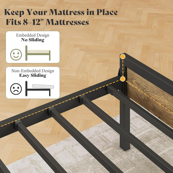 Full Size Bed Frame with Storage Headboard & Charging Station, Industrial Metal Platform Bed with Large Under-Bed Storage, Heavy Duty Slats, No Box Spring Needed, Rustic Brown