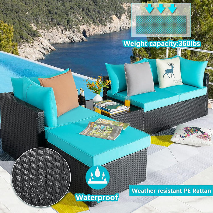 5 Pieces Patio Furniture Sets, Outdoor Sectional Sofa, All Weather Rattan Wicker Couch with Glass Table, Patio Conversation Set for Porch Backyard Garden Pool Deck Balcony