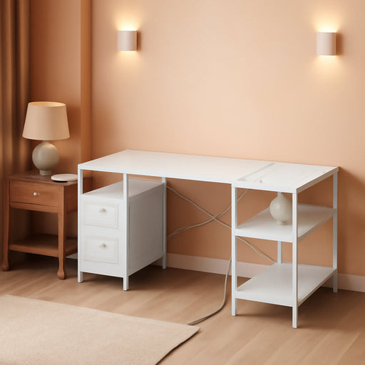 L Shaped Desk with Power Outlets, Computer Desk with 3 Drawers, 47 Inch Office Desk with Shelves, Gaming Desk, Corner Desk Work Desk for Home Office, Study, White