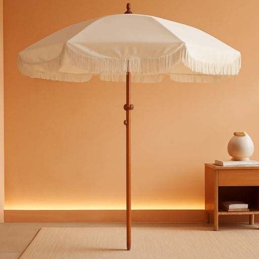 7.3Ft Cream/White Boho Fringe Beach Umbrella, 8Mm Ribs, Sand Anchor