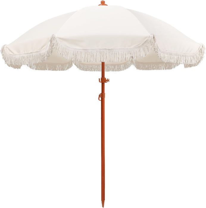 7.3Ft Cream/White Boho Fringe Beach Umbrella, 8Mm Ribs, Sand Anchor
