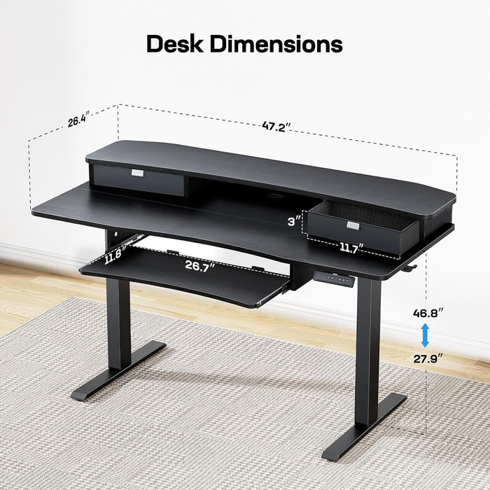 48" X 26" Electric Standing Desk with 2 Drawers & 26.7" Large Keyboard Tray, C-Clamp Mount Compatible, Adjustable Computer Desk for Home Office, Stand up Desk with 4 Height Presets, Black