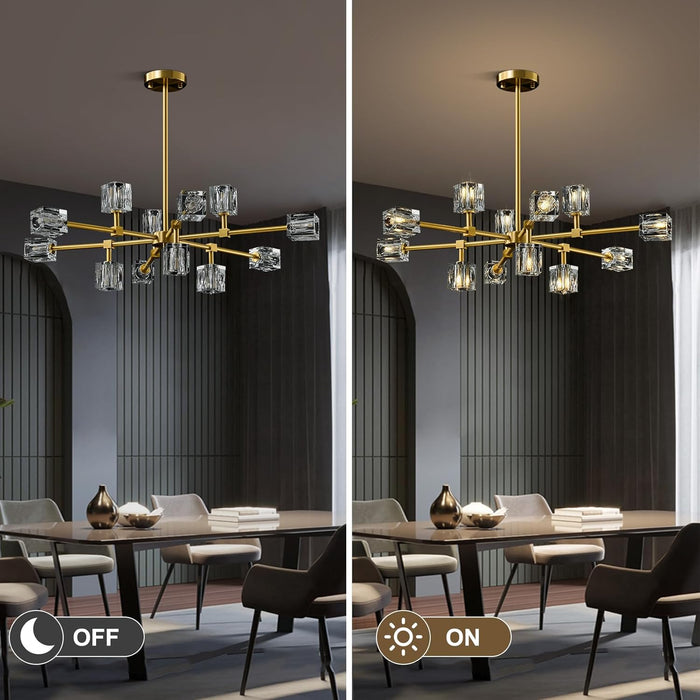 Modern Sputnik Crystal Brass Chandelier: Gold Dining Room Living Room Light