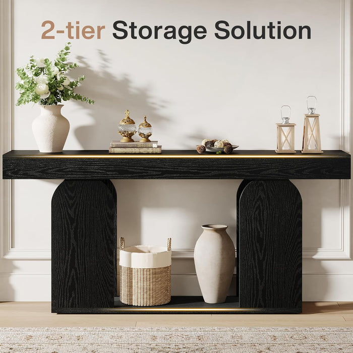 70.9-Inch Extra Long Sofa Table, Farmhouse Console Tables with Wood Frame and Storage Shelf, 2-Tier Wood Table behind Couch for Living Room, Hallway, Foyer, Black