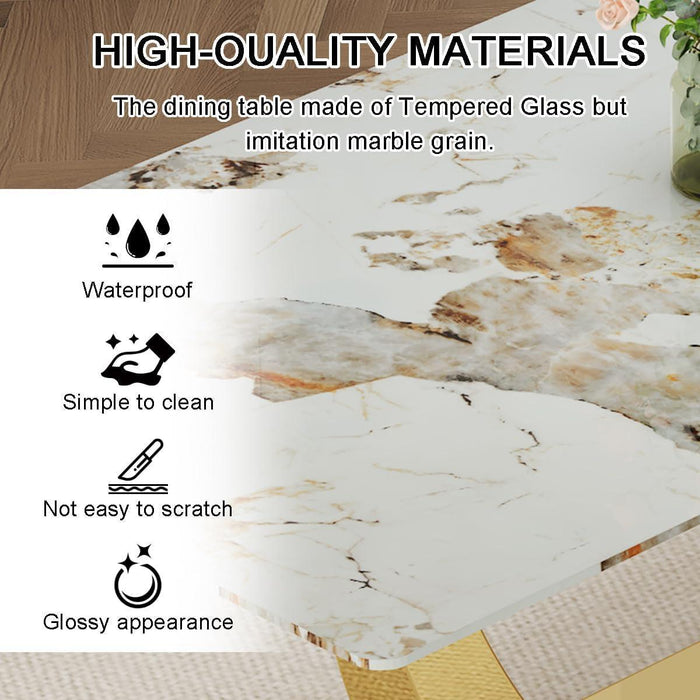 71' Faux Marble Dining Table - Dining Room Table for 6-8, Gold Kitchen Table with 0.4 Thickened Marble Pattern Tempered Glass Top and Golden Rectangular Base