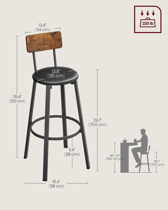 VASAGLE Bar Stools Set of 2, Barstools 29.7 Inches with Back, Modern Basic | Bar Height Stools, Bar Chairs, Steel Frame, Easy Assembly, Rustic Brown and Black, BARNET Collection ULBC069B81