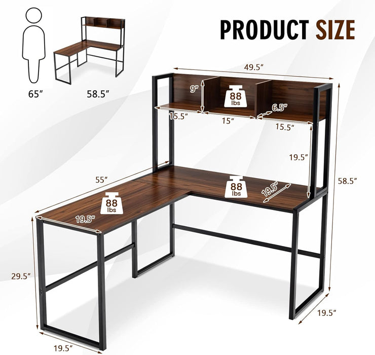 Reversible L-Shaped Desk with Hutch, Space Saving Corner Computer Desk with Storage Shelves, Home Office Study Writing Desk Computer Workstation with Storage Bookshelf, Gaming Desk