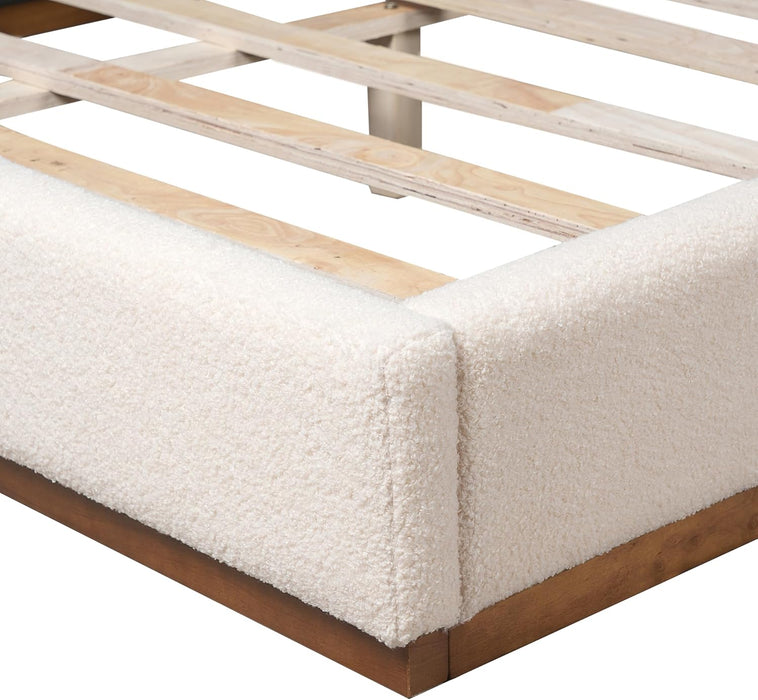 Bettine Boucle Queen Size Bed, Boucle Headboard and Footboard, Rectangular Queen Size Headboard, Slat Panel Support Platform Bed, No Spring Box Needed, Easy Assembly, White