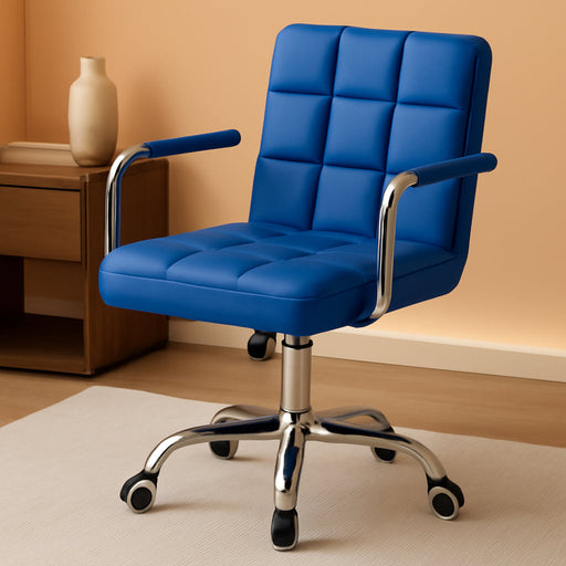 Desk Chair Modern Office Chair with Wheels Vanity Chair PU Leather Mid-Back Rolling Chair Cute Chair for Office, Teen, and Bedroom Desks (Blue)