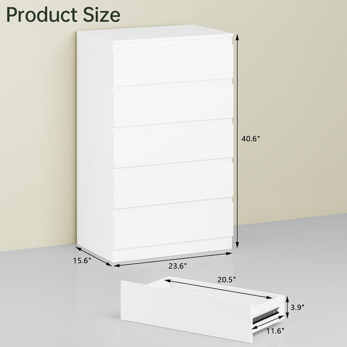 White Wood Dresser for Bedroom, 5 Drawer for Clothes Storage, Modern Dresser with Wide Drawers, Wide Wooden Chest Drawers for Living Room, Entryway, TV Stand